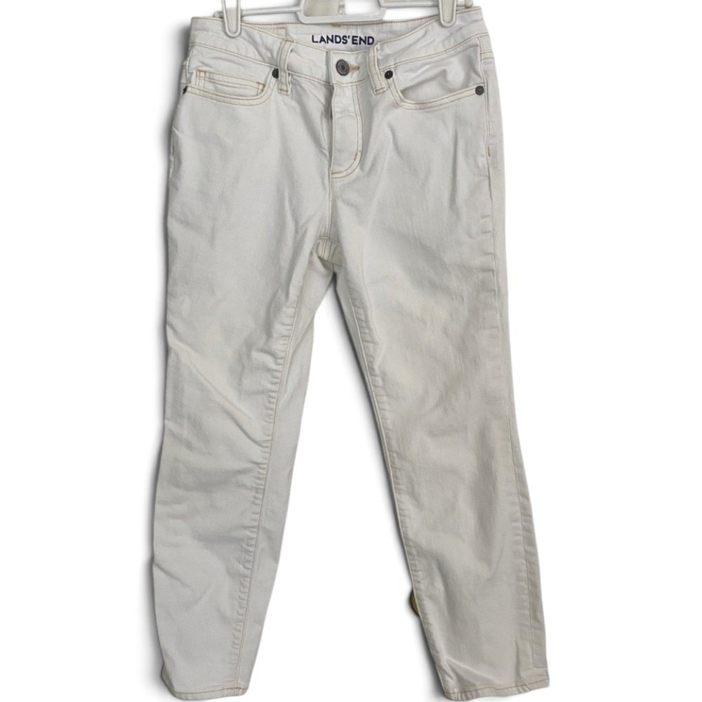 Lands' End Slim Ankle Jean Women 2P White Mid Rise Tapered Leg Denim